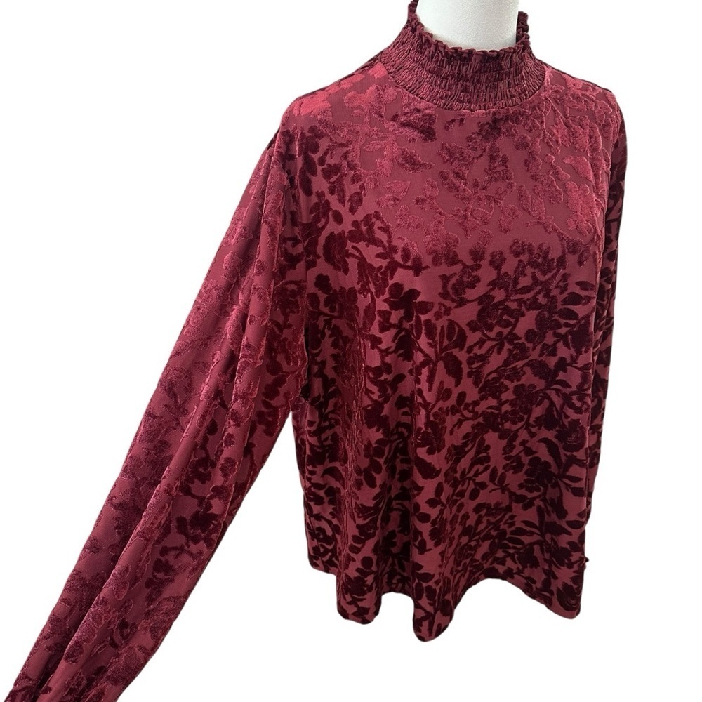 Women's 2X Burgundy Floral Crushed Burnout Velvet Whimsical High-Neck Blouse - Picture 2 of 5